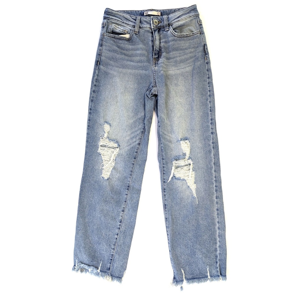 SO High Rise Straight Leg Distressed Jeans Medium Wash Frayed Hem Size 3/26W